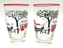 2 VTG 50s 8oz Tumblers Colonial Farm Horse Scene Winter Libbey Currier & Ives