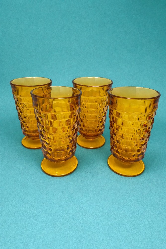 Indiana Whitehall Colony Cubist Amber Glass Footed Iced Tea Tumbler Set of 4 VTG