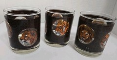 Vintage MCM Libbey African Safari Animal Glasses Set 3 Low Ball Signed M Dia