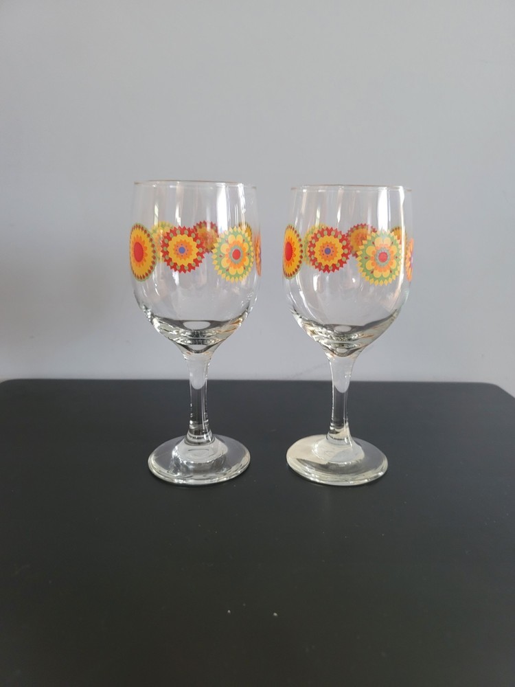 Set of 2 Greenbriar International Libbey Mandala BOHO RETRO 11.5oz Wine Glasses