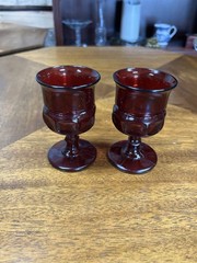 Indiana Glass SOLID Ruby Red Kings Crown 3 5/8″ Cordial Glass RARE Set Of 2
