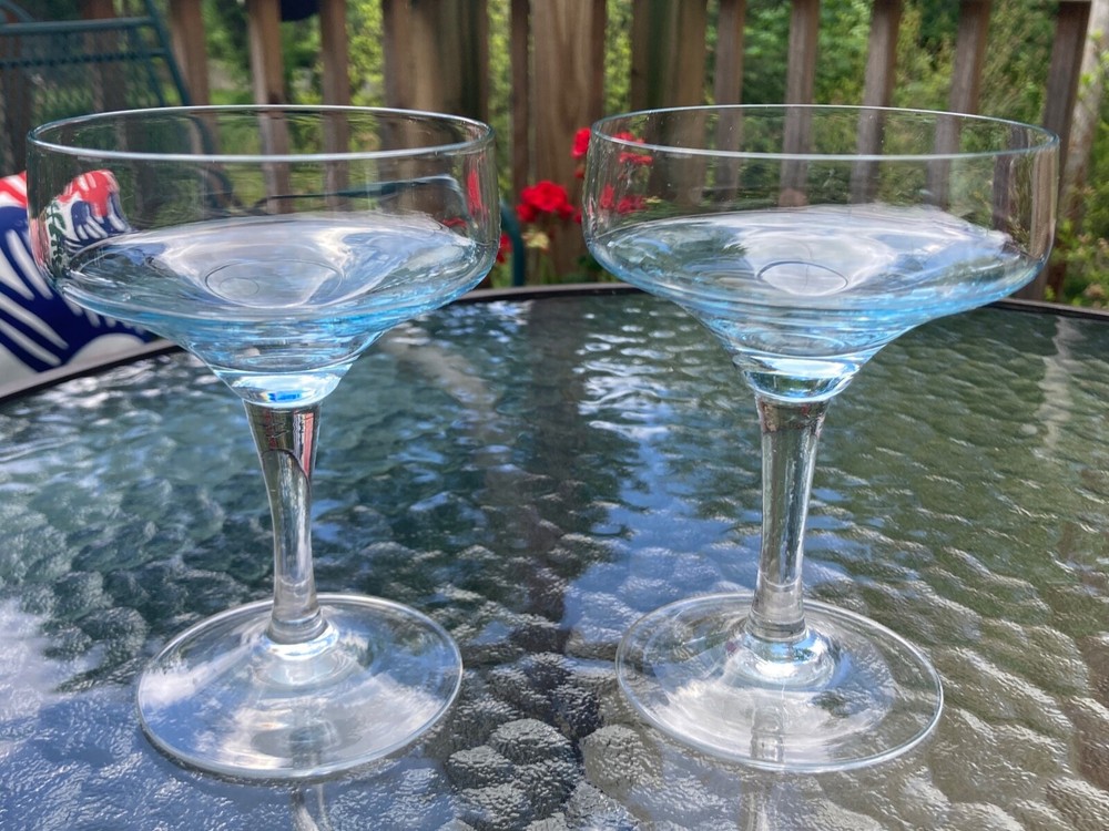 2 Sasaki Harmony Azure Blue Champagne/Tall Sherbet Glasses VTG MCM Barware 70s