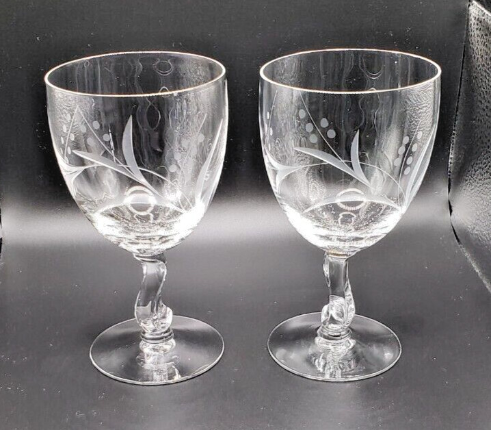 Fostoria Crystal Gray Cut Spring Pattern Water Goblet – set of 2