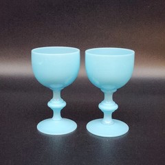 Set of 2 Blue Opaline PV Glass Goblets 4.5″T French 1930’s Portieux Vallerysthal
