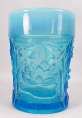 Fenton Waterlily & Cattails Tumbler Blue Opalescent Glass Pressed EAPG Antique