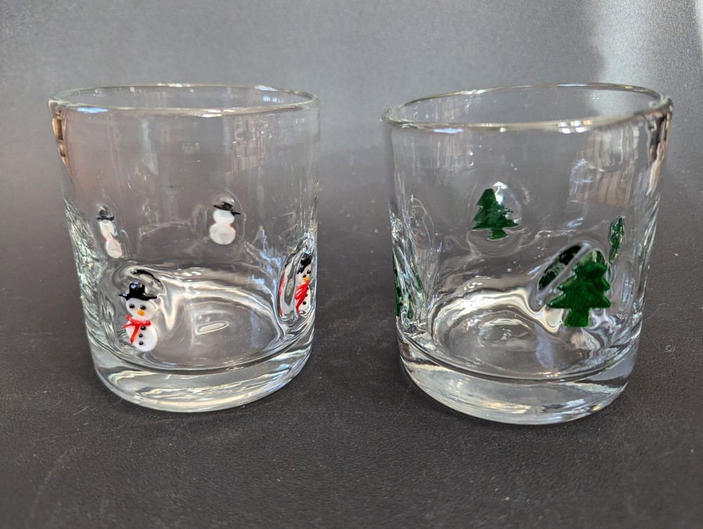 Pair of double old fashioned glasses – snowman, trees – please read