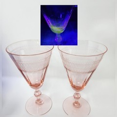 2 Antique Manganese Pink Glass Fry Goblets Needle Etched FRY75 Pattern Rare