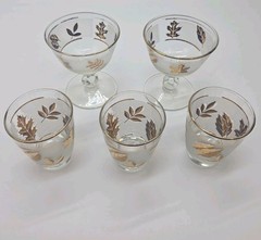 Set Of 5 Vintage 3 Flat Juice Glass 2 Sherbert Golden Foliage by Libbey Glass