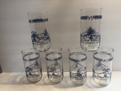 VTG 6 Blue Willow Drinking Glasses Tumblers Asian Temple 16 oz