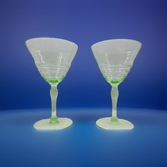Pair Vintage 1930s Green Optic Rib Champagne Sherbet Stems Mold Blown Glass 6”