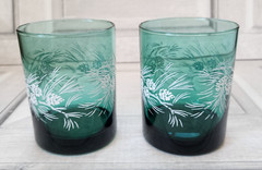 Libbey 1970’s Evergreen rocks old fashioned bar glasses holiday pinecones winter