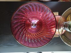 2 Stunning Water Goblets-Luminous Pink Spiral Glass-Iridescent Murano Style Stem