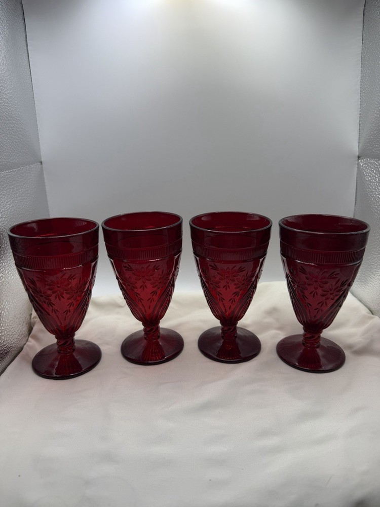 Set of 4 Fenton Ruby #1720 Flower Windows Footed Ice Tea Tumblers