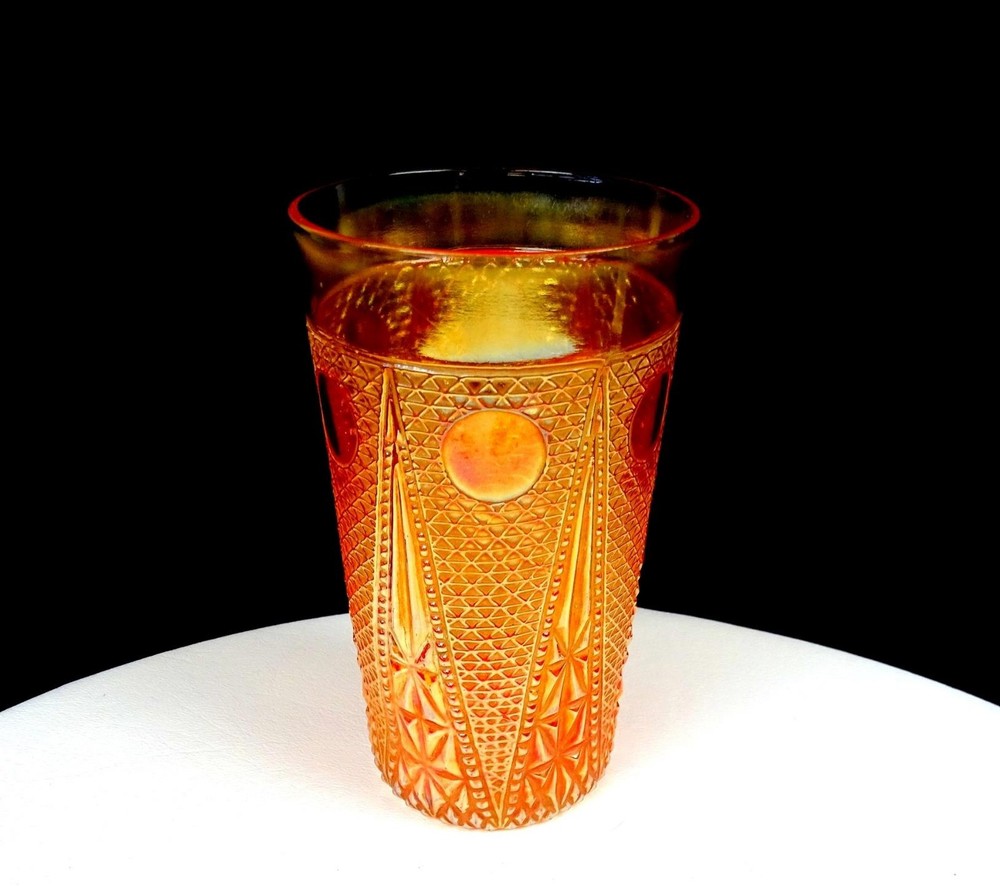 Jain Carnival Glass India Marigold Beaded Spears Vintage 5 3/8″ Tumbler 1935