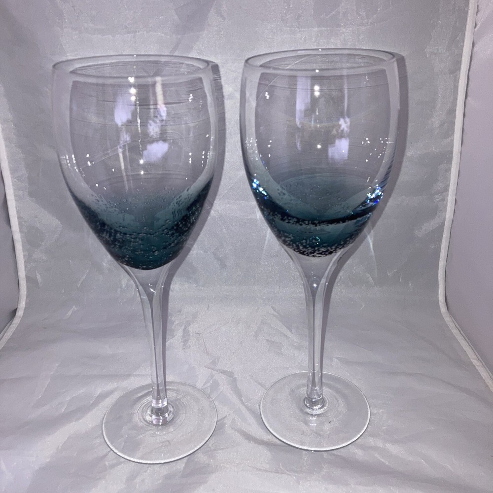 Roscher & Company Teal Blue Air Bubbles Wine Glass Clear Stem Goblets Set Of 2