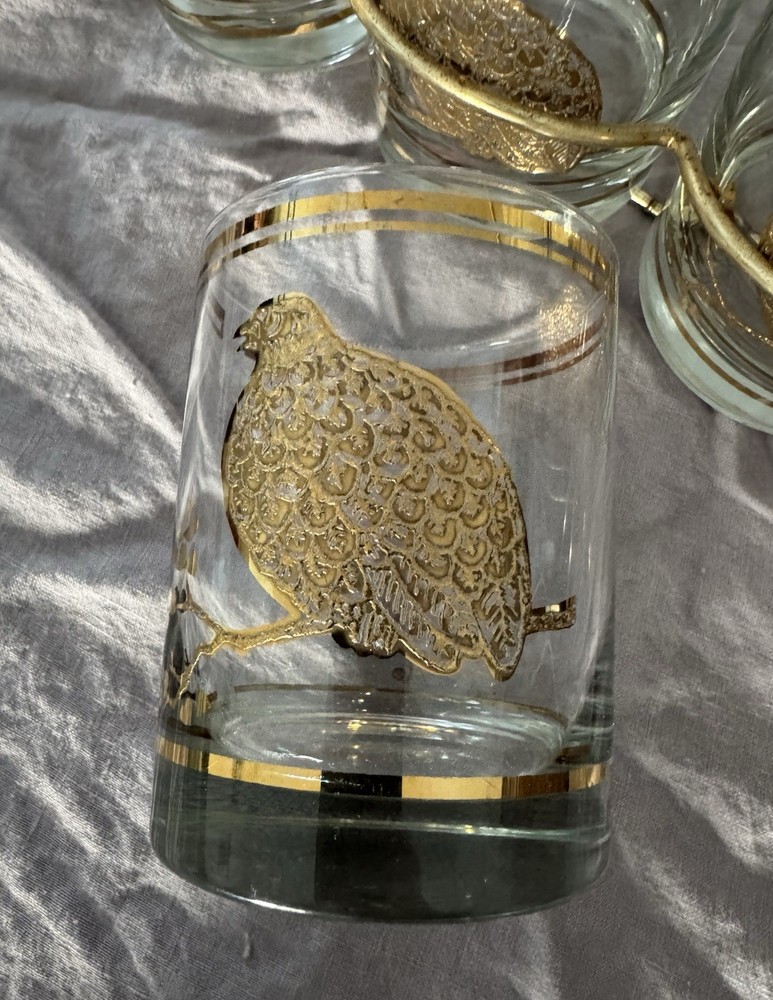 5 VINTAGE MID CENTURY GEORGES BRIARD GOLD BIRD PARTRIDGE QUAIL BAR ROCKS GLASSES