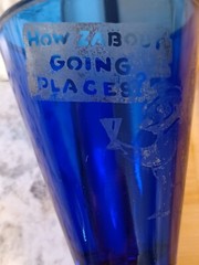 Depression Glass Cobalt Blue Set of 5 Parrot Footed Glasses. 3.5″Silver Overlay