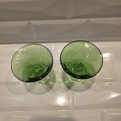 2 Vintage Green Bubble Ball Applied Base Martini Sherbert Glasses – 4″ tall