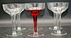 set (6) Champagne Coupes Glasses crystal Hollow stem liquid goes to base vtg