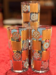 Vintage Culver Carnival Checkerboard Medallion Turquoise & Gold MCM Set/3 Ex Con