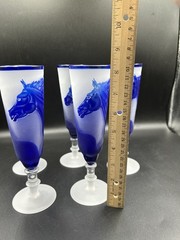 VTG Cameo Glass Horse Champagne Flutes 5 Pc Blue Frosted Hand Carved Equestrian