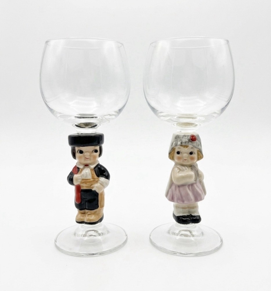 Vtg Goebel Hummel Figurine Stem Wine Glasses Set 2 Bavarian Boy Girl Germany 6”