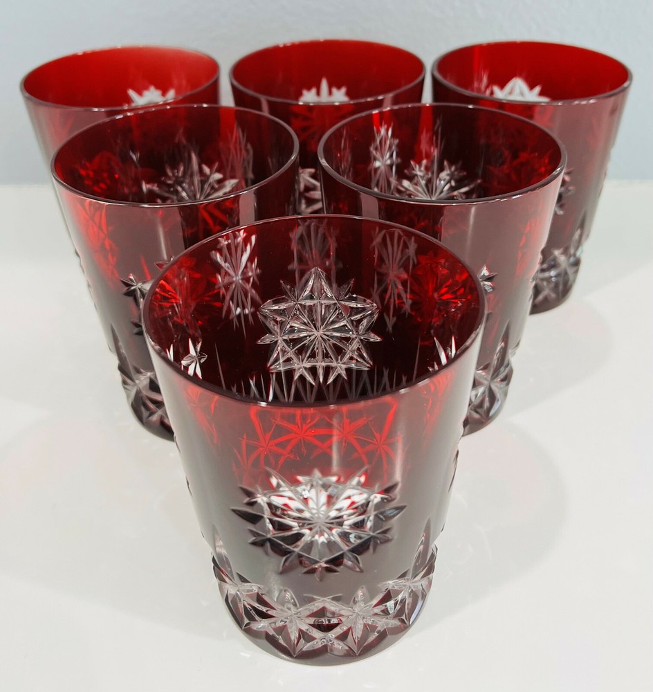 6 Snow Crystals Ruby Red cased cut to clear crystal whiskey rocks STORE CLOSING