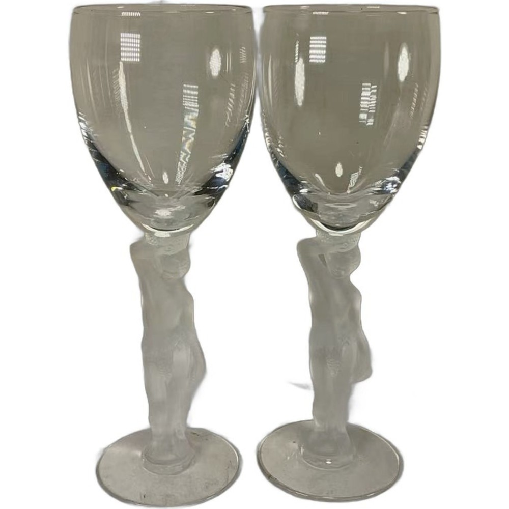 Pair Vintage French Men’s Bare Frosted Hand Blown Wine Glass