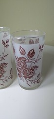 Set of 3 Vintage Frosted Drinking Glasses Swanky Swig Tumblers with Brown ROSES