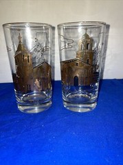 VTG Tumblers Gold Black California Santa Barbara Mission Set of 2 Barware MCM