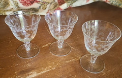 3 Antique Ladies Gents Etched Crystal Twisted Stems CORDIAL Glass Goblet UNK7199