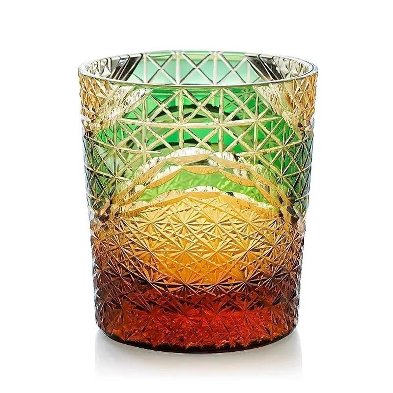 Edo Kiriko Whiskey Glass 9Ounces Amber Green Crystal Glass Bourbon Glasses 270ml