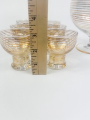 VTG Footed Pitcher & (6) 4oz Glasses Barware Art Deco Gold Striped Set MCM 60oz.