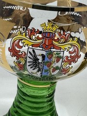 BEAUTIFUL SET(3) GERMAN Green/Gold Etched Grapes & Leaves Glass Goblets MARKED