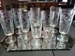 Footed Ice Tea / Water Tumblers Glasses- Glastonbury Lotus 2010-12 floral etched