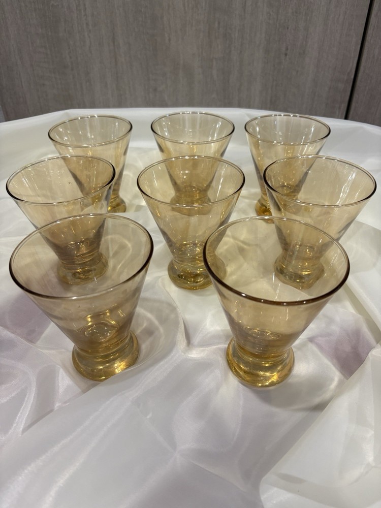 Eight (8) Vintage Fostoria Plain N’ Fancy 4 1/2” Amber Flat Tumblers Glasses