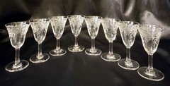 Set Of 8~Clear Glass Cordials~Etched Thistle~Flared Optic Bowl