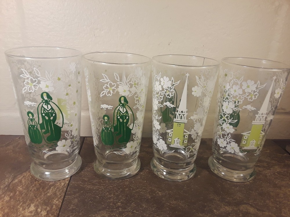 Vintage Libbey Glass – Set (4) – Old Southern Church Family Tumblers – 6″ EUC