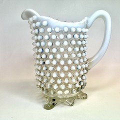 Tea Water Picture Cup Set Blue Opalescent Moonstone Hobnail Anchor Hocking Glass
