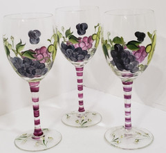 3 Long Stem Wine Glasses Barware Hand Painted Purple Grape Design 7 3/4»