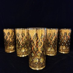 VTG Set Of 5 Culver Valencia 5.5″ Highball Glasses 24K Gold Green Diamond Design