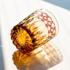 J46 Hand Carved Edo Kiriko Whiskey Glass Cup Amber Red Crystal Glasses 9oz