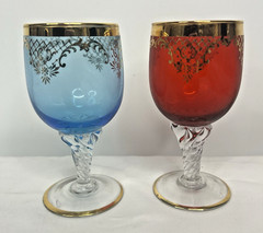 Mid Century Wine Glasses Blue and Red Gold Gilded Trim Swirl Stem Vintage 5 x 2″