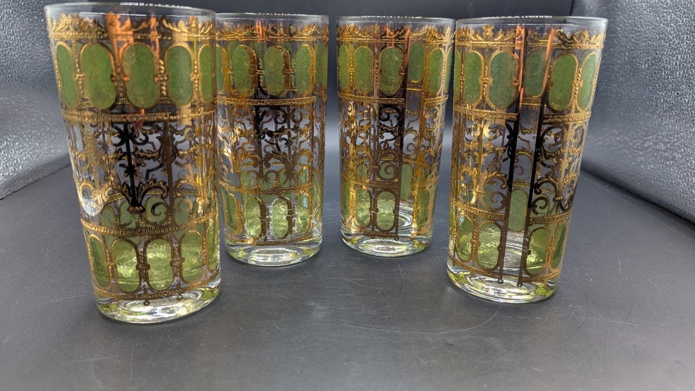 Culver MCM Vgt -4- High Ball Glasses Valencia Emerald Scroll- Signed