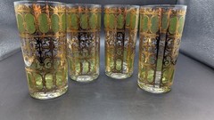 Culver MCM Vgt -4- High Ball Glasses Valencia Emerald Scroll- Signed
