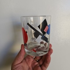 Mid-Century Modern Lowball Rocks Glass Red White Blue and Black Space Satellite