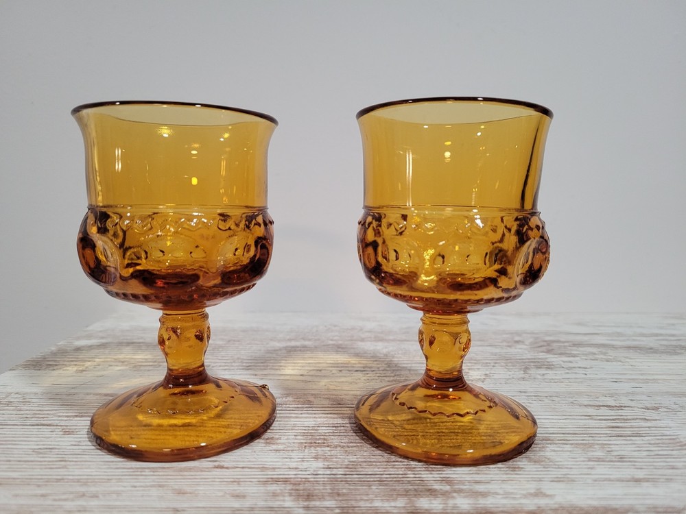 2 VTG MCM Indiana Glass Amber Gold Kings Crown Thumbprint Sherry Glasses 4.25″