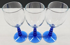 3 Libbey Metropolis Blue Water Goblets Set Ball Knob Stems Art Deco Styled Lot