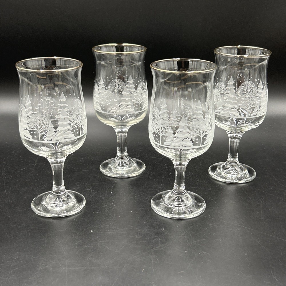 Vintage Libbey Arby’s Winter White Frosted Pine Stem Goblets Glassware Lot of 4