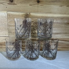 Morgan Signed 5 Double Old Fashion Whiskey Tumblers Etched Giraffe Motif